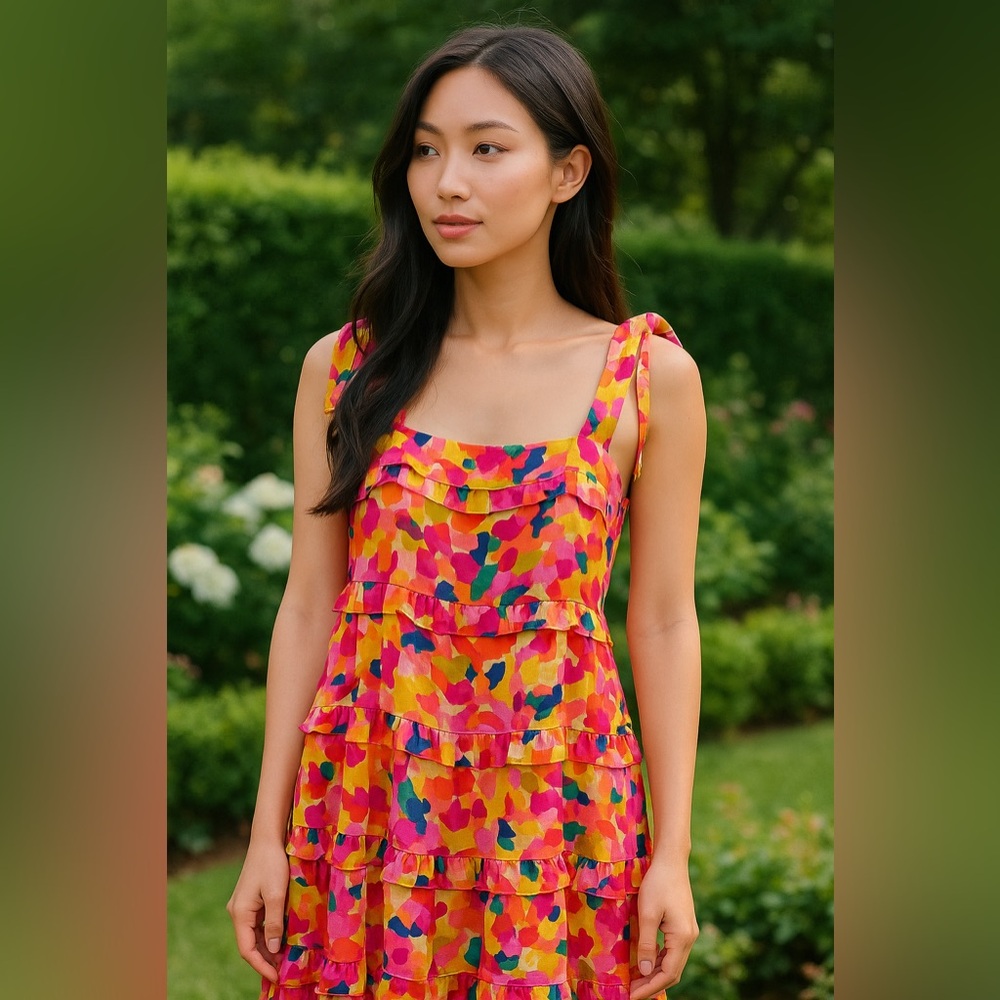 Bibi, Multicolor Abstract Tiered Ruffle Dress, Size S (Fits M) | 1922